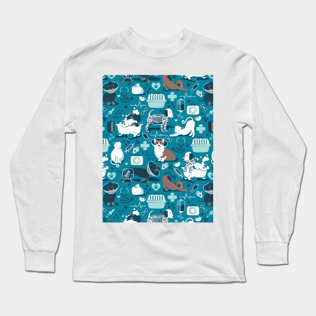 Veterinary medicine, happy and healthy friends // pattern // turquoise background aqua details navy blue white and brown cats dogs and other animals Long Sleeve T-Shirt by SelmaCardoso